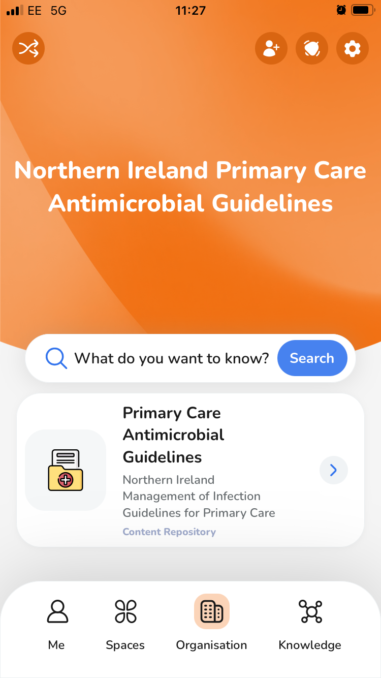 A screenshot of the Eolas App That gives information on Northern Ireland Primary Care Anti Microbial Guidelines